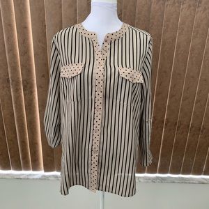 Kim Rogers Black/Tan Striped w/Polka Dots Blouse
